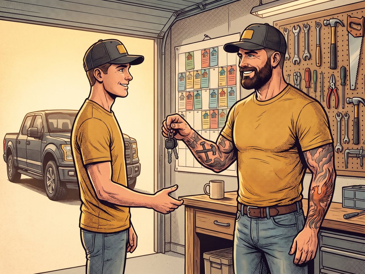 Mack handing truck keys to his new crew lead in a clean shop with a full job calendar on the wall