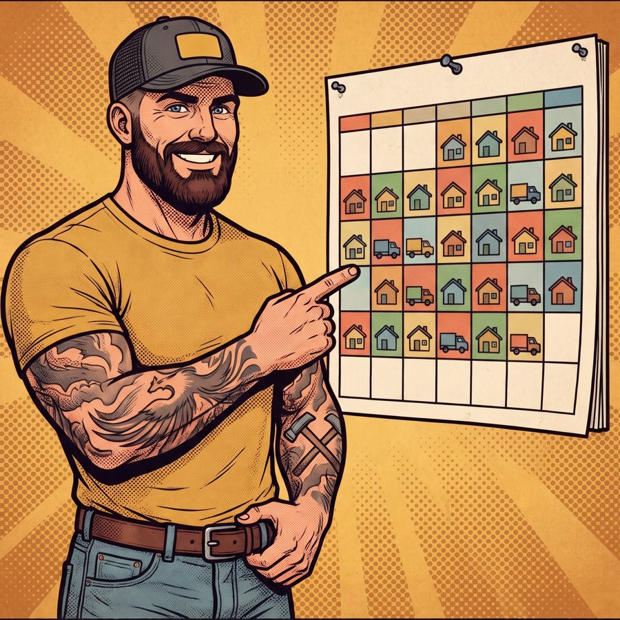 Mack grinning and pointing at a shop calendar full of booked jobs