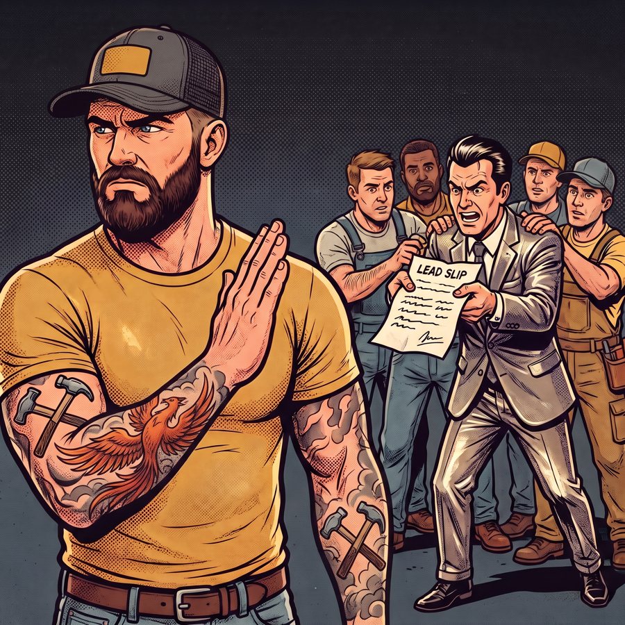 Mack, a trade business owner, waving off a salesman pushing one shared lead that five contractors are grabbing for