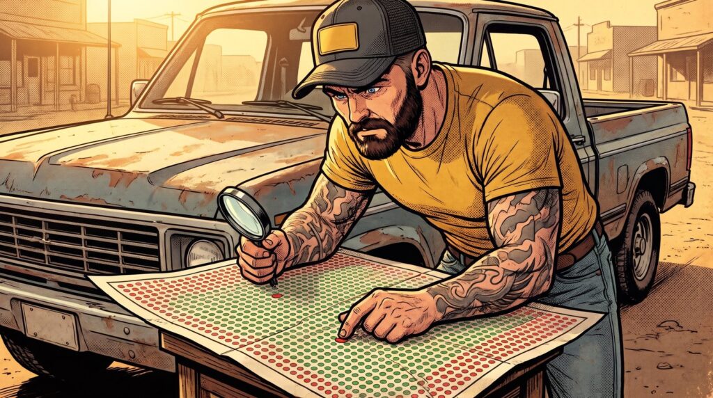 Cartoon of Mack studying a grid map of colored dots on his truck hood with a magnifying glass