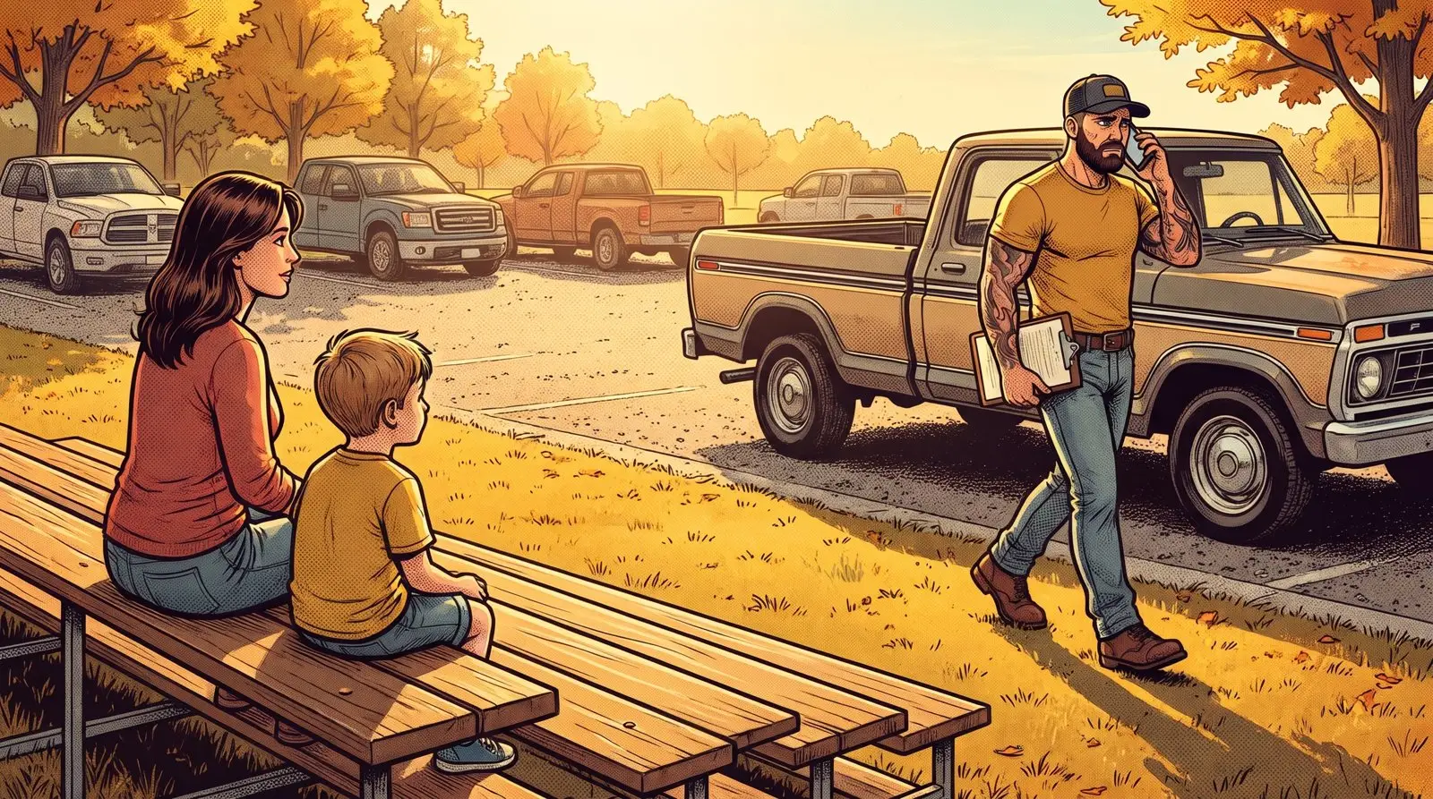 Cartoon of Mack pacing a parking lot on the phone while his wife and son sit in the bleachers beside an empty seat