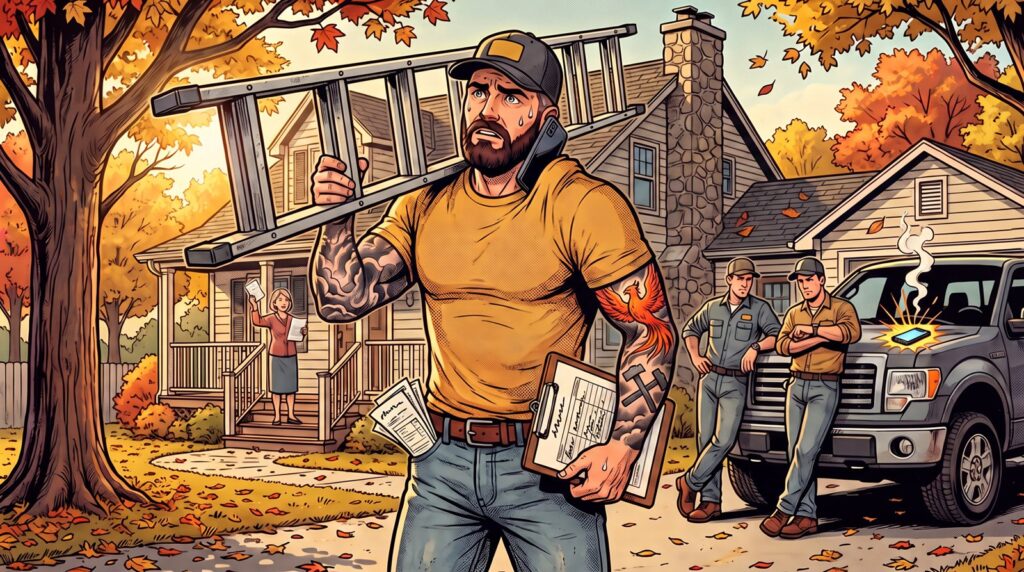 Cartoon of Mack, a trade business owner, carrying a ladder with a phone on his shoulder while a customer and his crew both wait on him