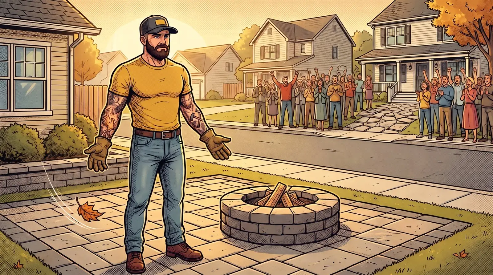 Cartoon of Mack beside a beautiful new stone patio on an empty street while neighbors crowd around a worse patio across the road