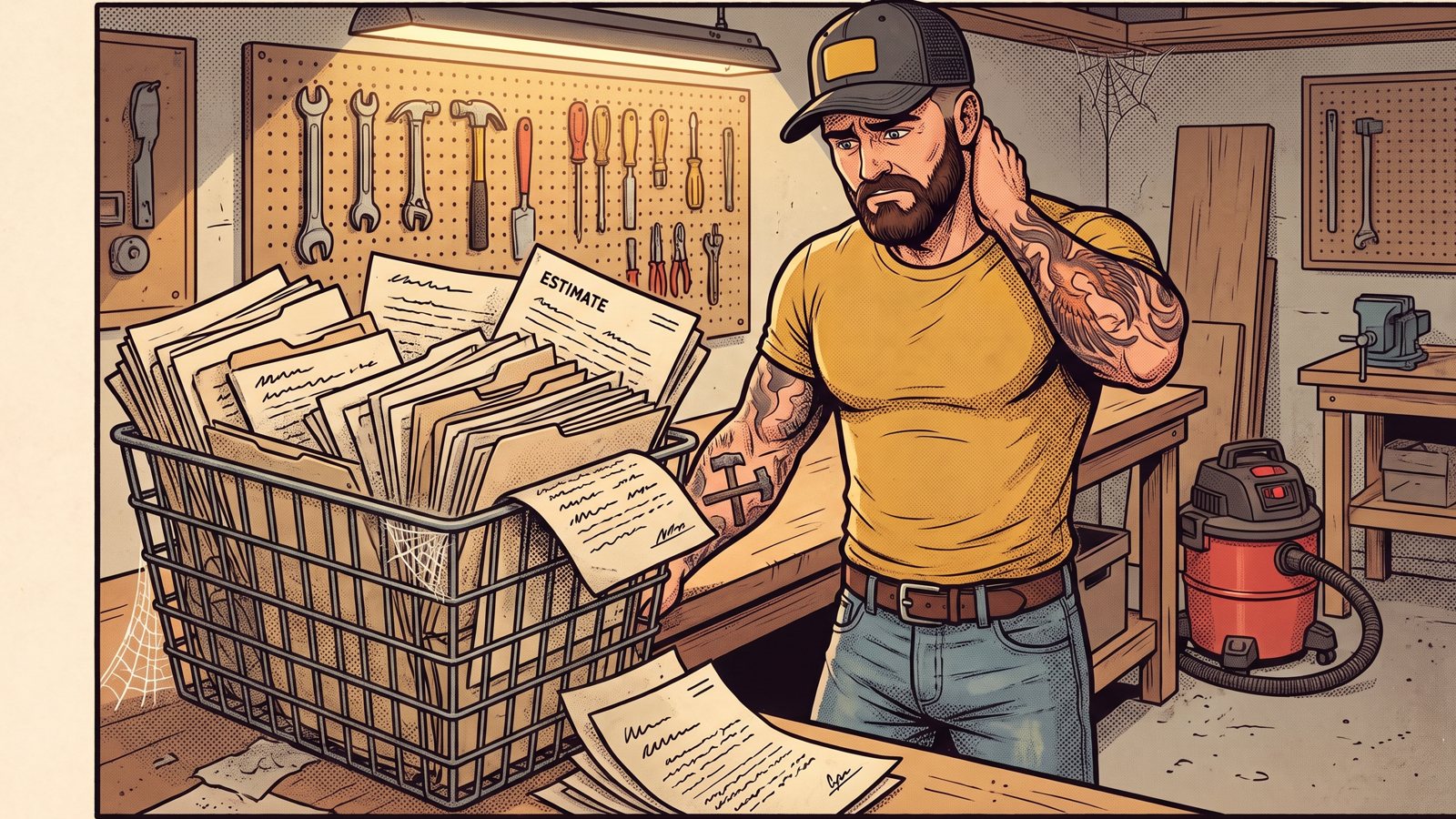 Cartoon of Mack in his shop looking at an overflowing basket of old estimate folders