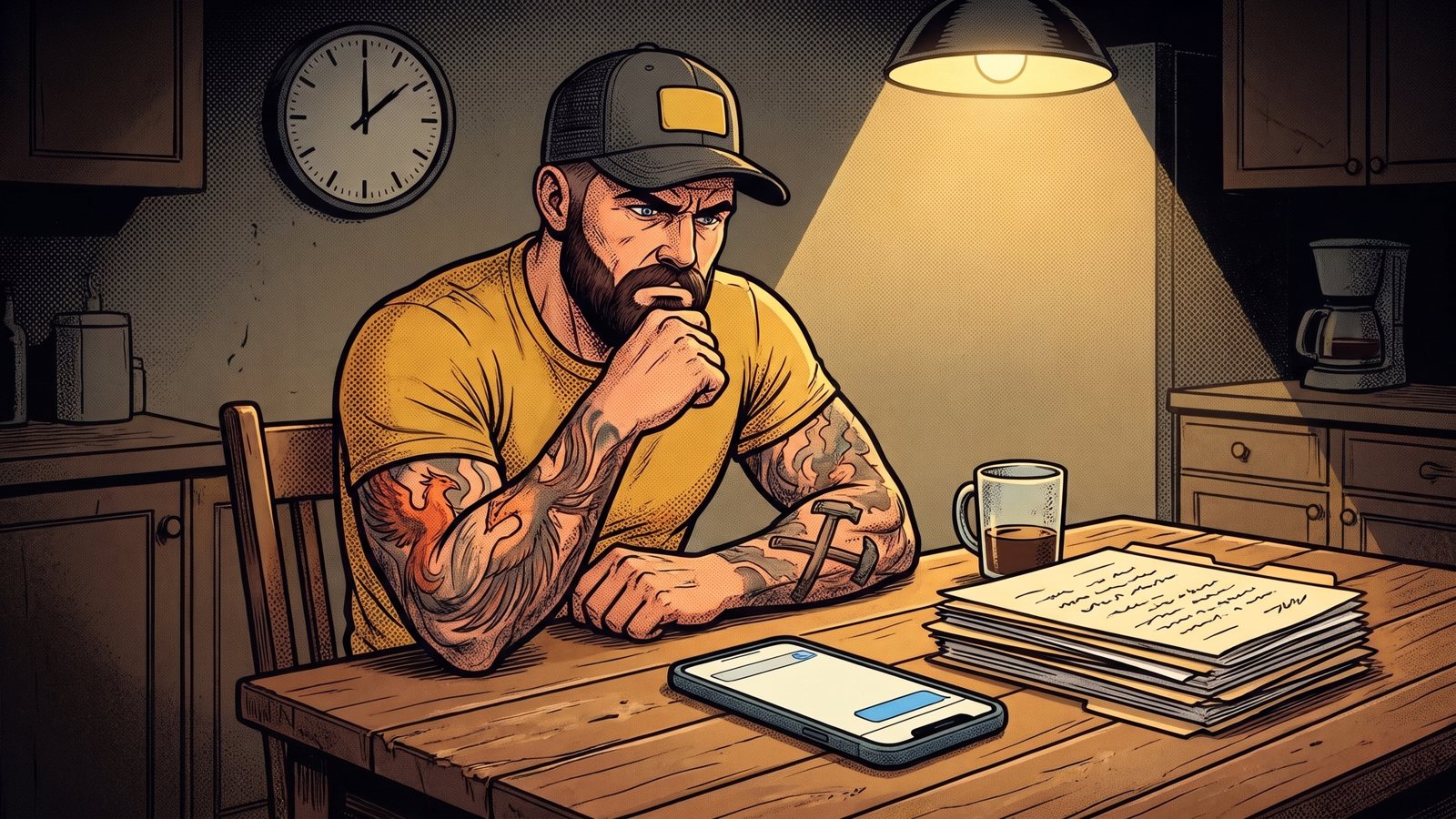 Mack at his kitchen table late at night staring at a phone with no reply