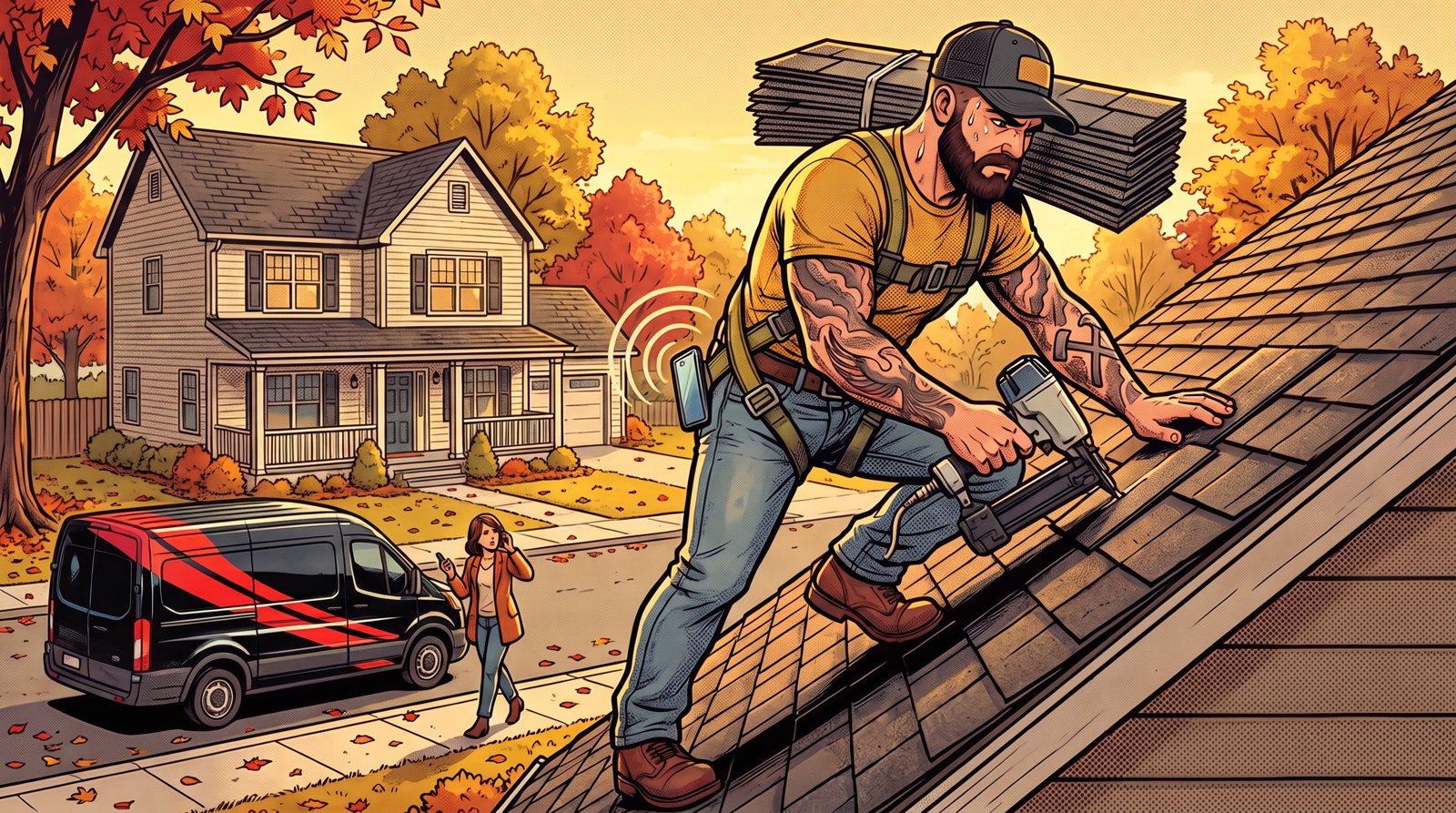 Mack on a roof while his phone rings and the homeowner walks to a competitor's van