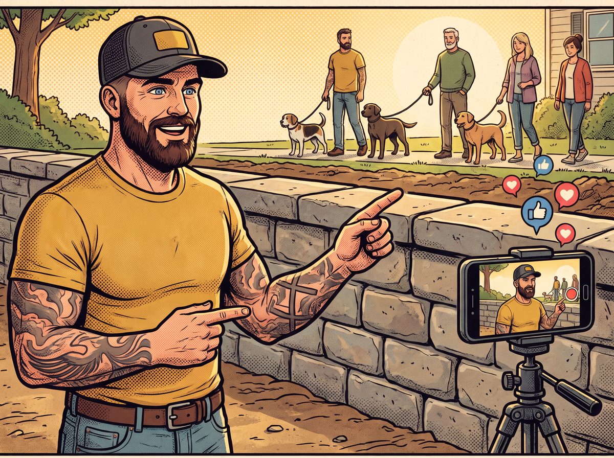 Mack filming himself on a phone tripod in front of a new stone wall while neighbors stop to watch