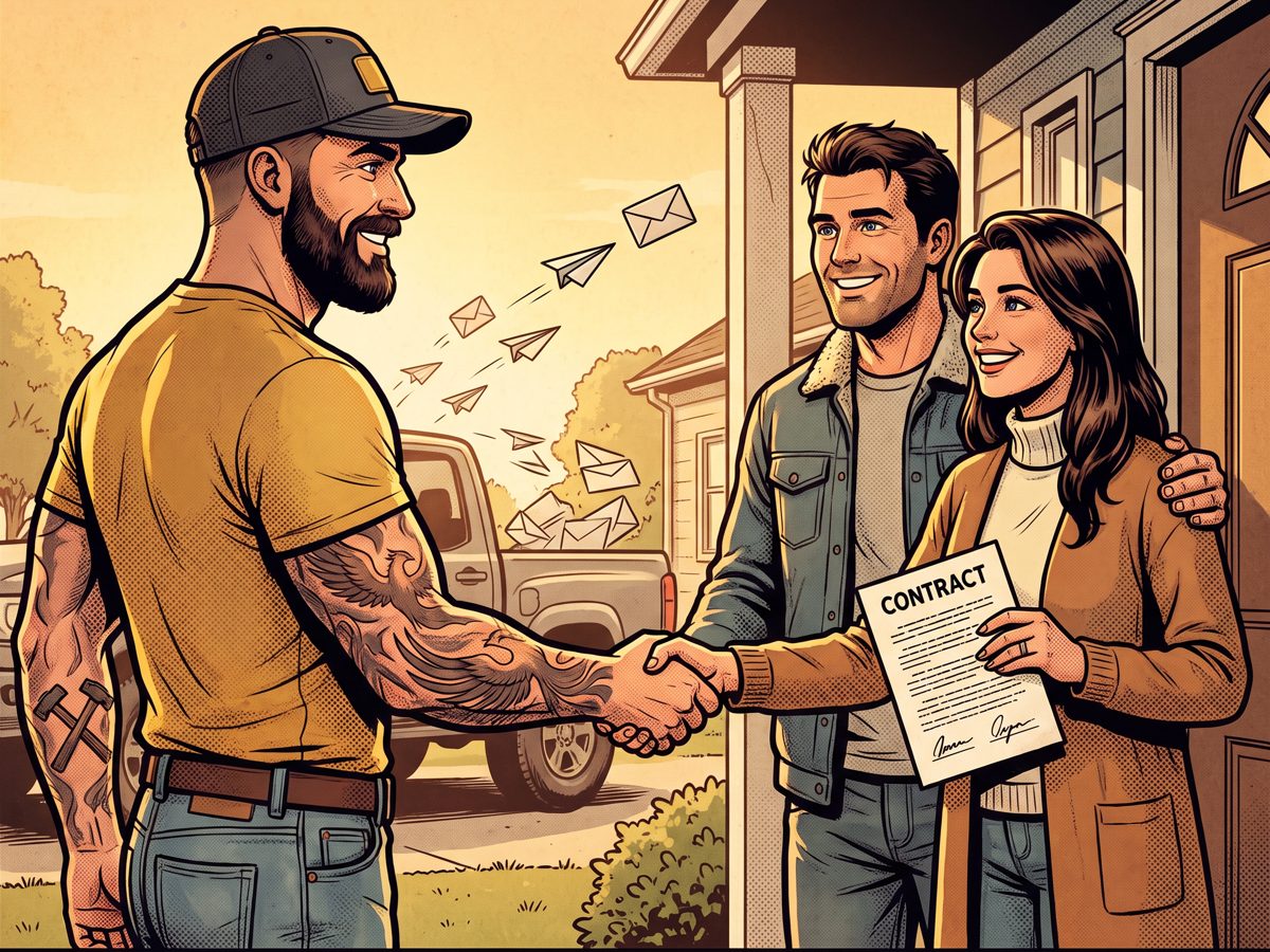 Mack shaking hands with a homeowner couple holding a signed contract while follow-up messages fly to the house