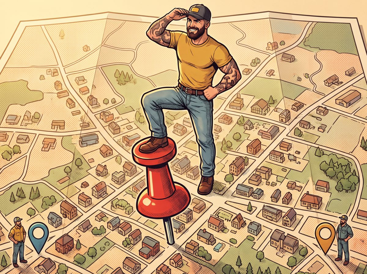 Mack standing on a giant map pin in the middle of a town map while rivals stand by small pins at the edges