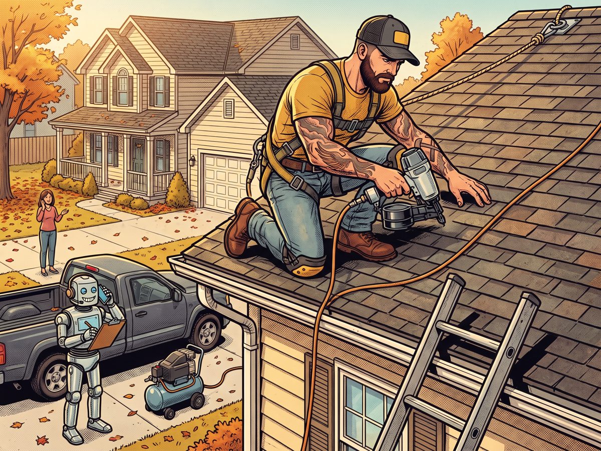 Mack nailing shingles on a roof in a harness while a robot receptionist answers his phone in the driveway