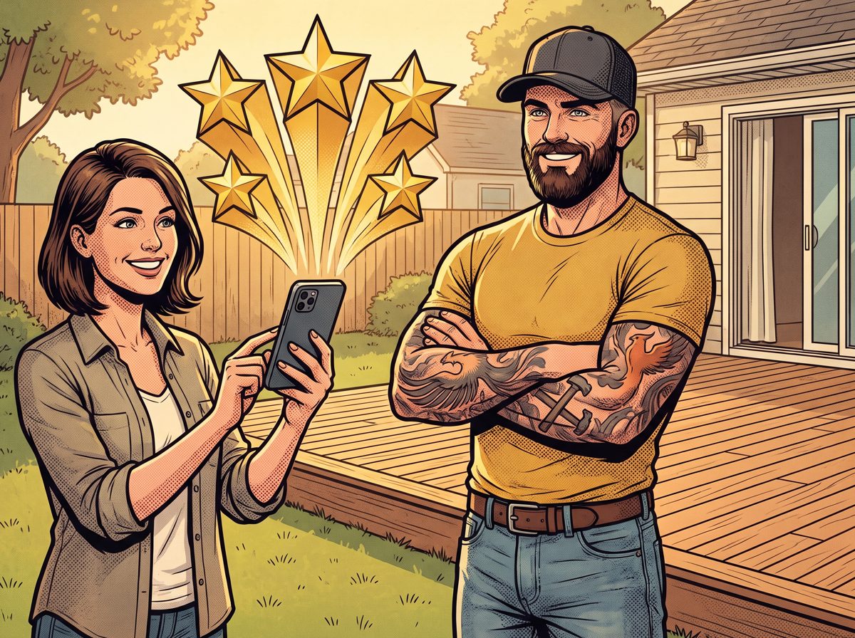 A homeowner holds up her phone as five gold stars burst out while Mack stands by the new deck
