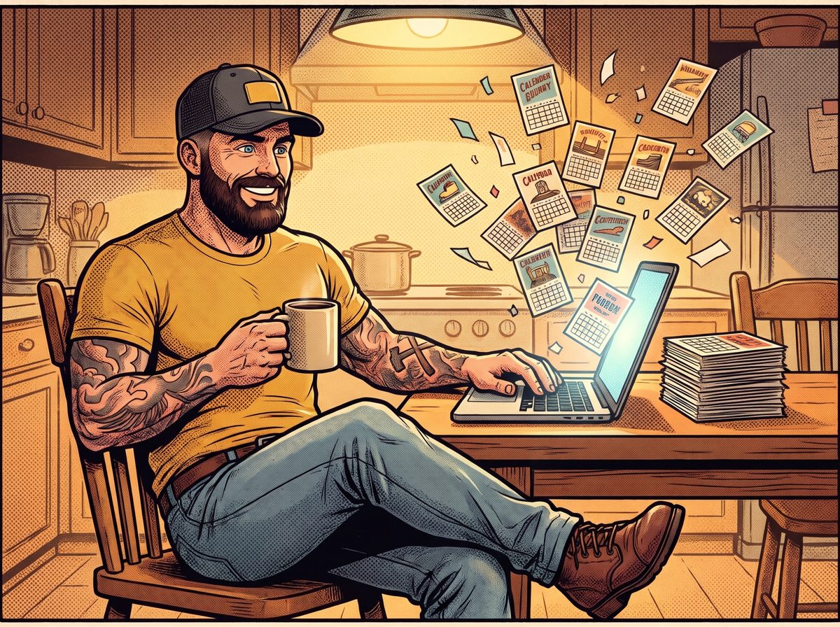 Mack at his kitchen table with coffee while booked appointments fly out of his laptop