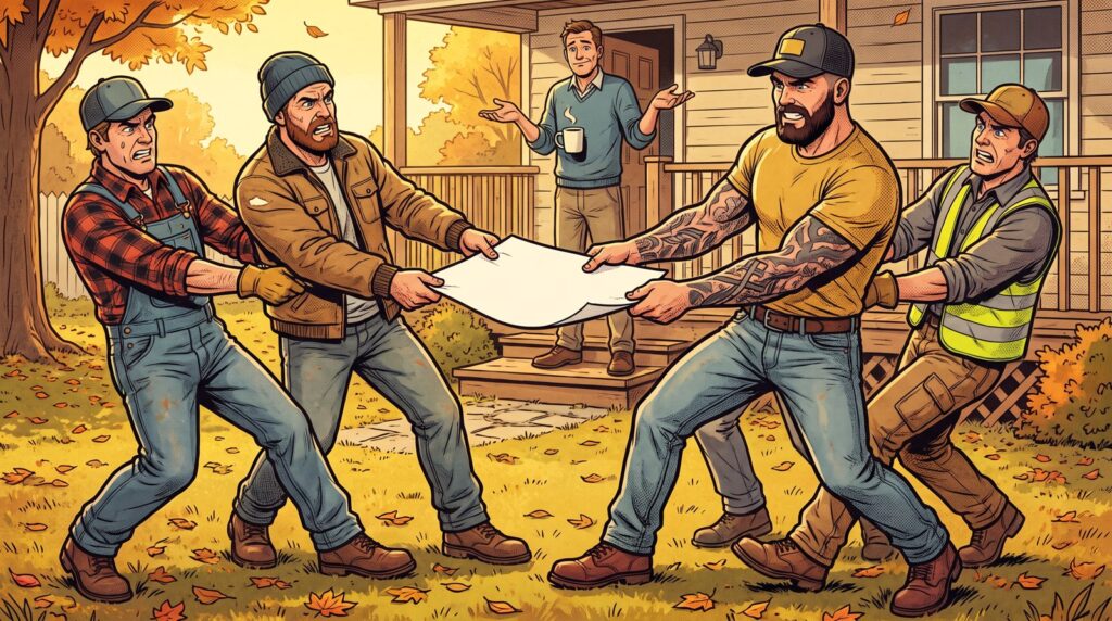 Cartoon of Mack and three other contractors in a tug of war over one lead while the homeowner shrugs