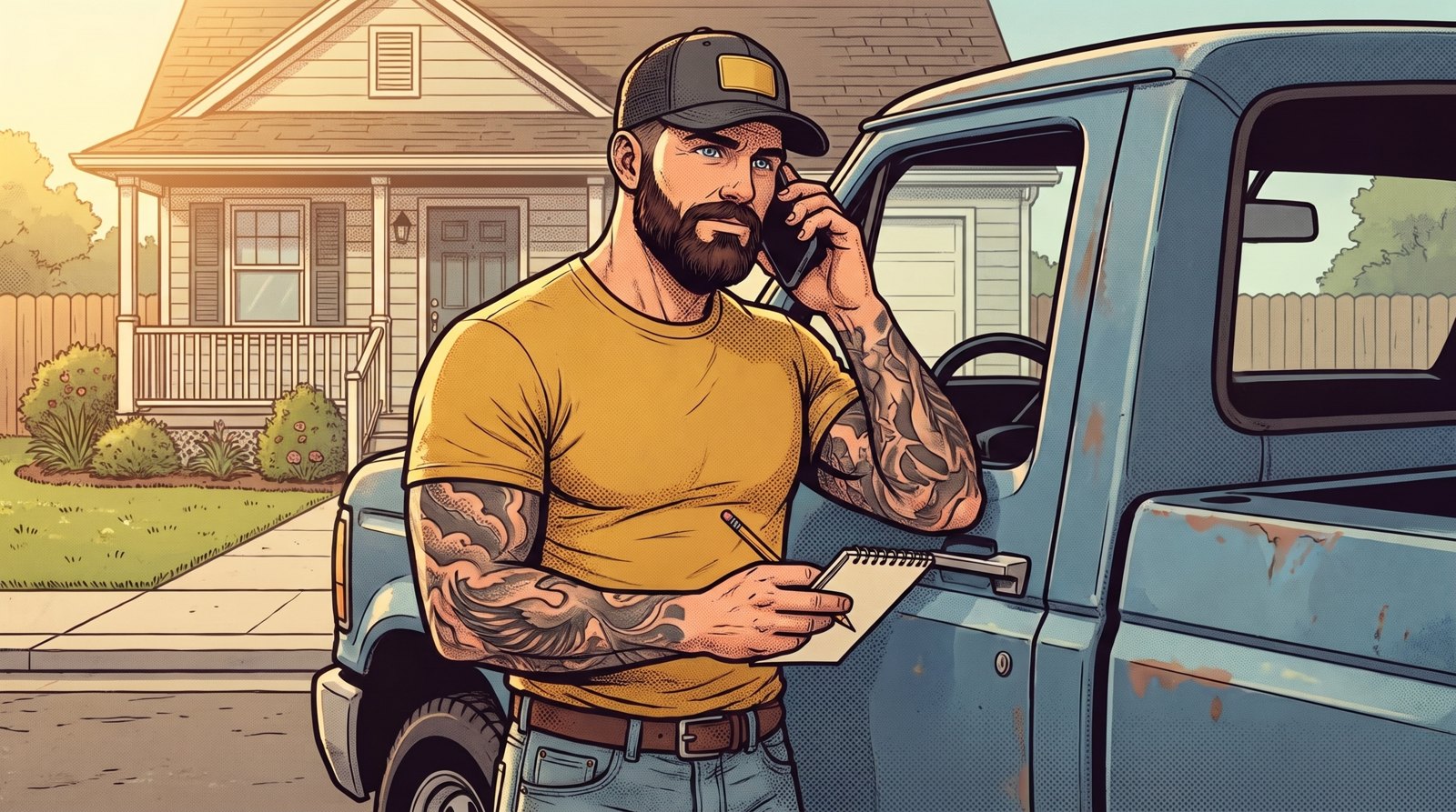 Cartoon of Mack leaning on his truck on the phone, listening and taking notes