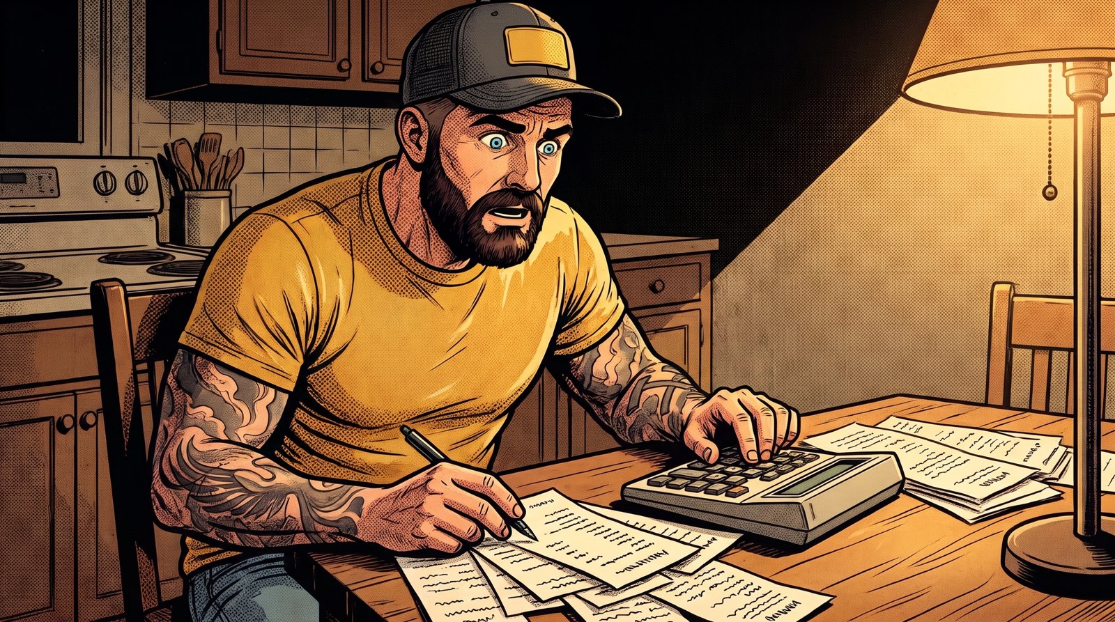 Cartoon of Mack at his kitchen table at night, shocked at his calculator next to a pile of receipts