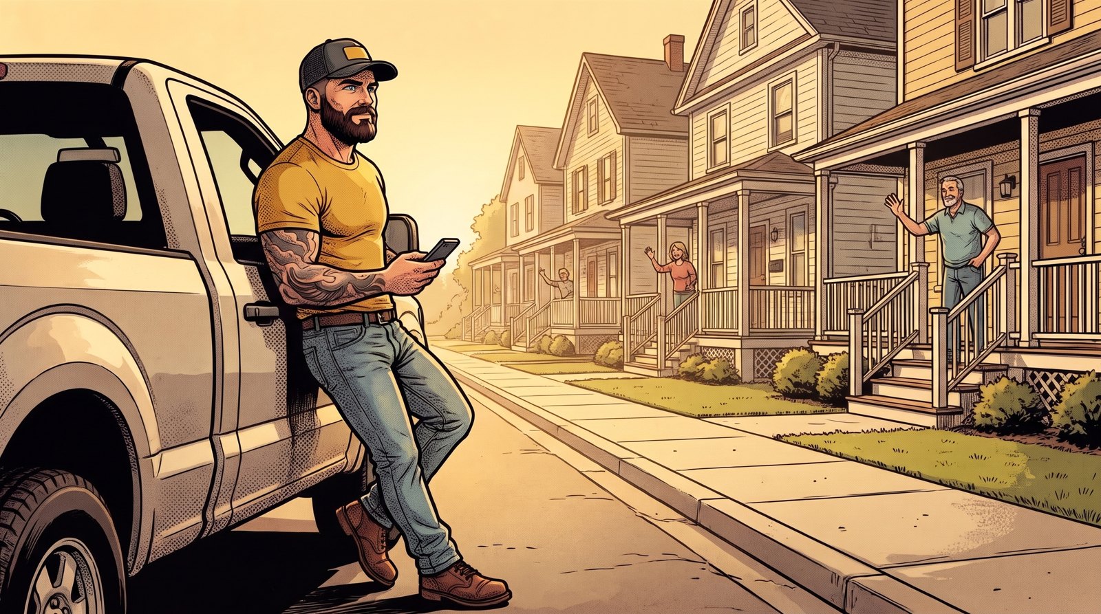 Cartoon of Mack leaning on his truck while homeowners on three porches wave him over