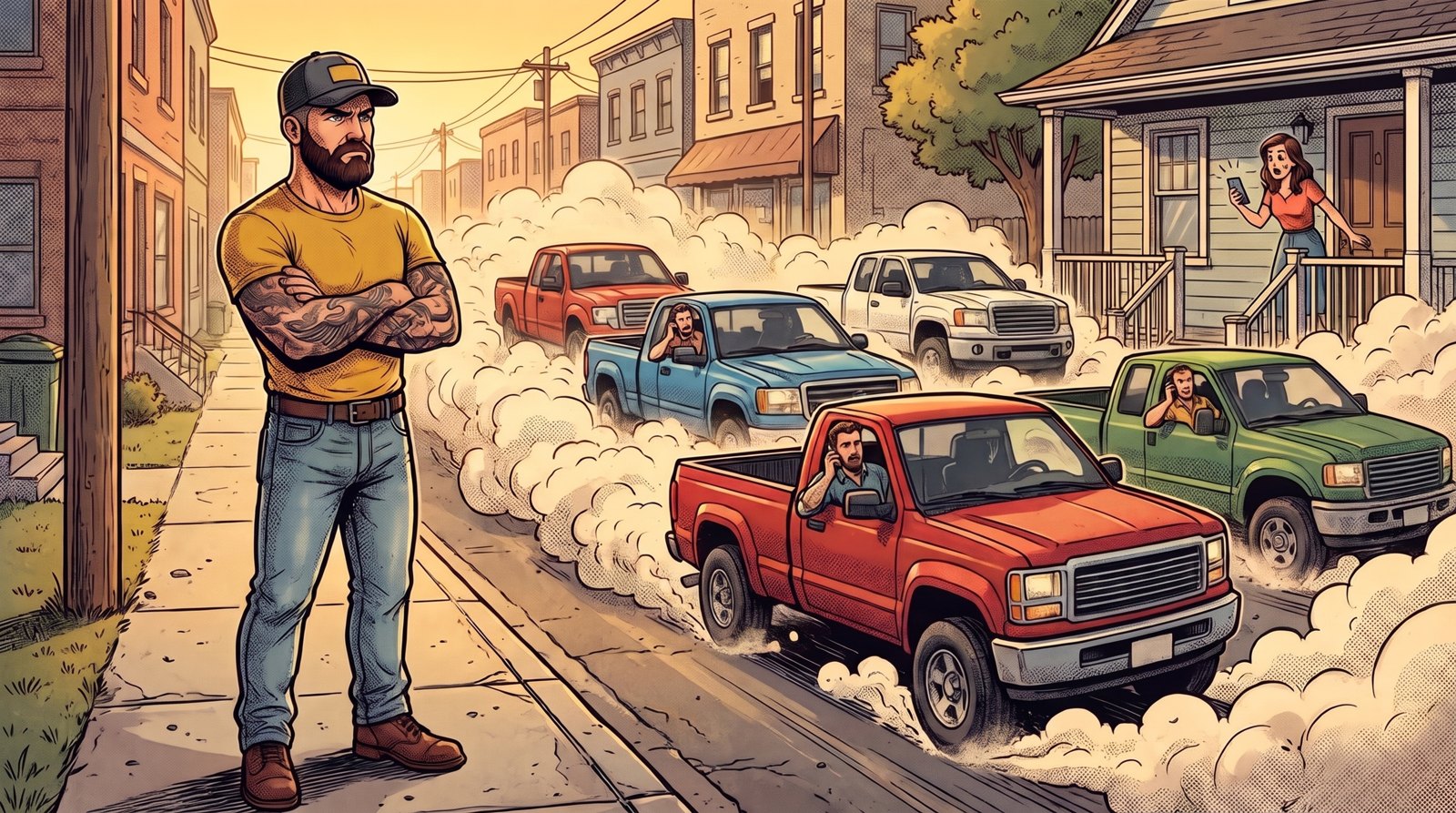 Cartoon of Mack watching skeptically as four contractor trucks race toward one homeowner's house