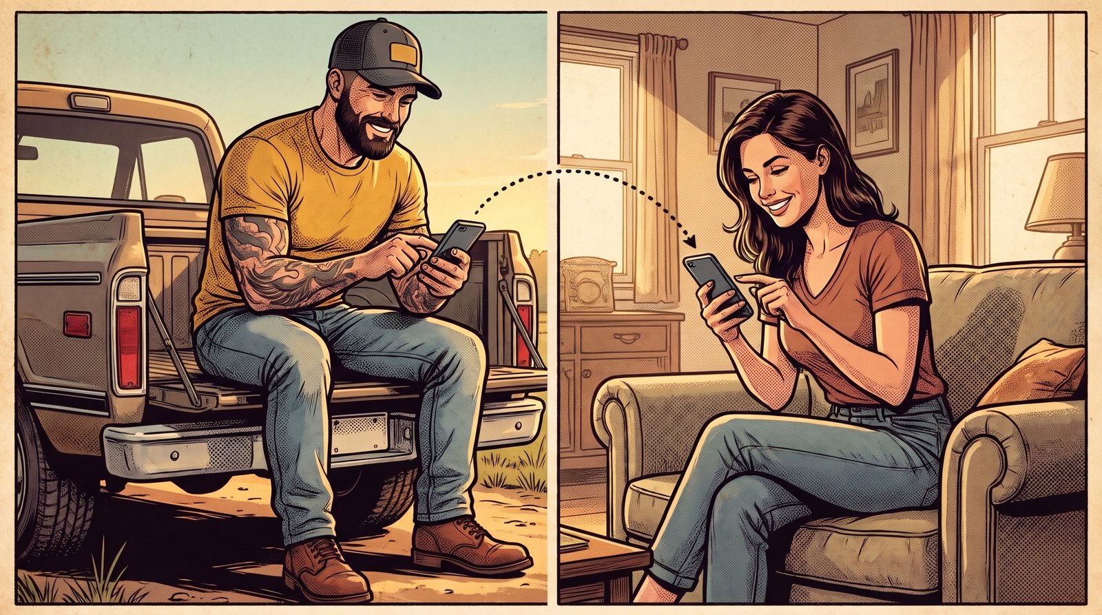 Cartoon of Mack texting from his tailgate while a homeowner on her couch replies