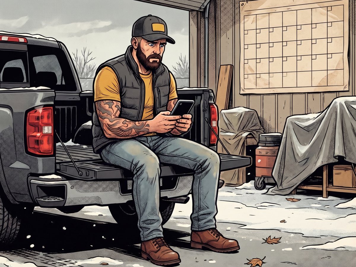 Mack sitting on his tailgate in a quiet winter yard staring at a silent phone