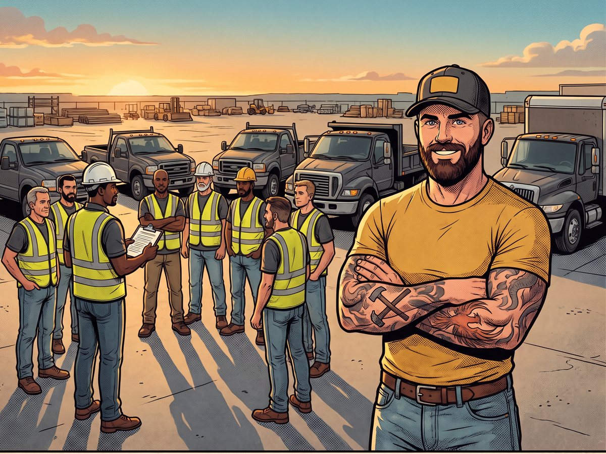Mack with arms crossed in front of his fleet while his crew lead briefs the crew