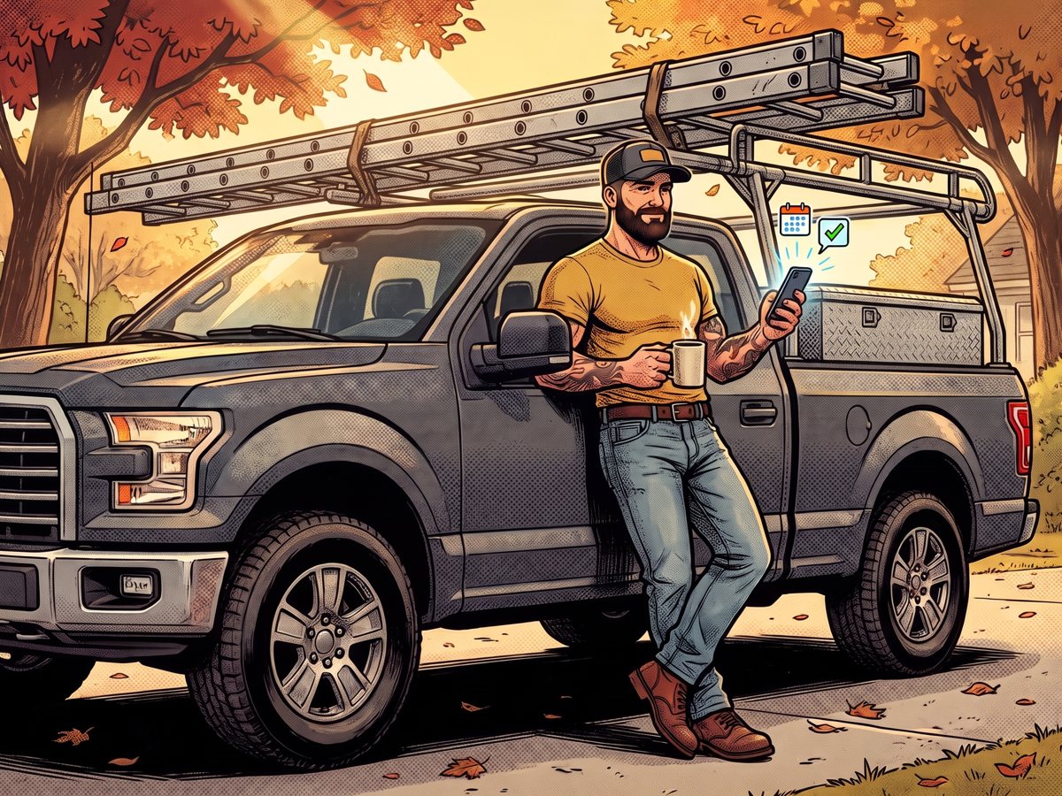 Mack leaning on his one pickup truck with coffee, calmly checking a phone full of booked jobs
