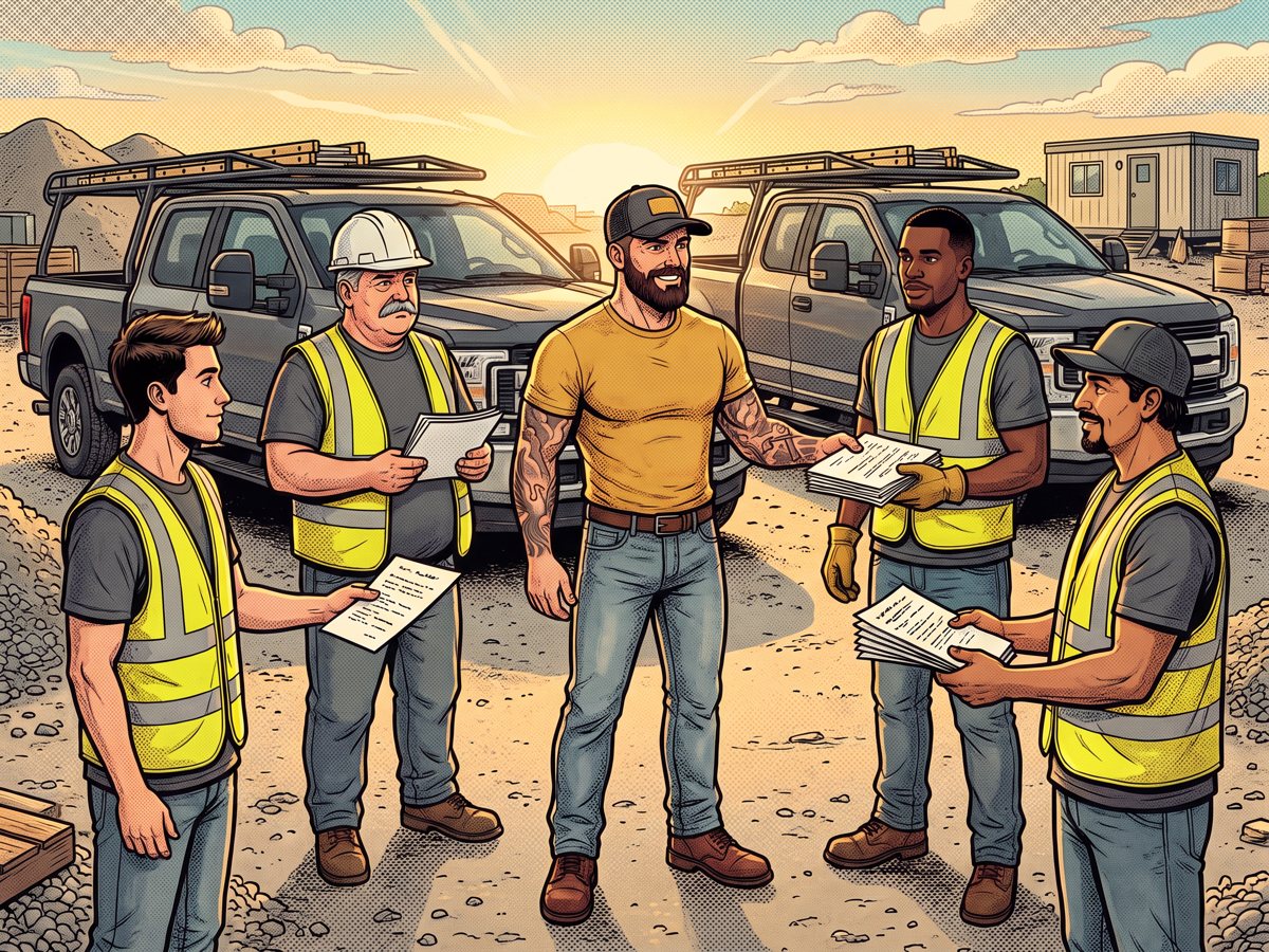 Mack handing out the day's job sheets to his crew of four in hi-vis vests in front of two matching trucks