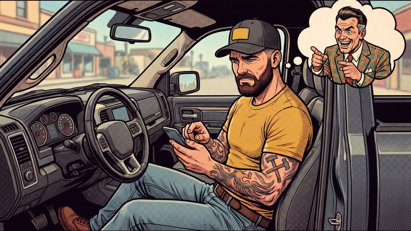 Cartoon of Mack in his truck hesitating to send a text while imagining a pushy salesman