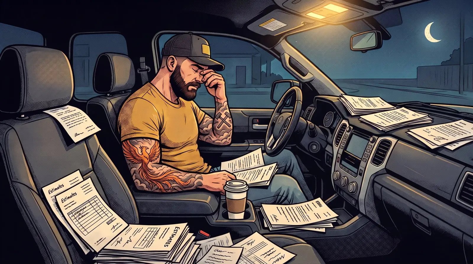 Cartoon of Mack alone in his pickup at night under the dome light, buried in unsigned paper estimates