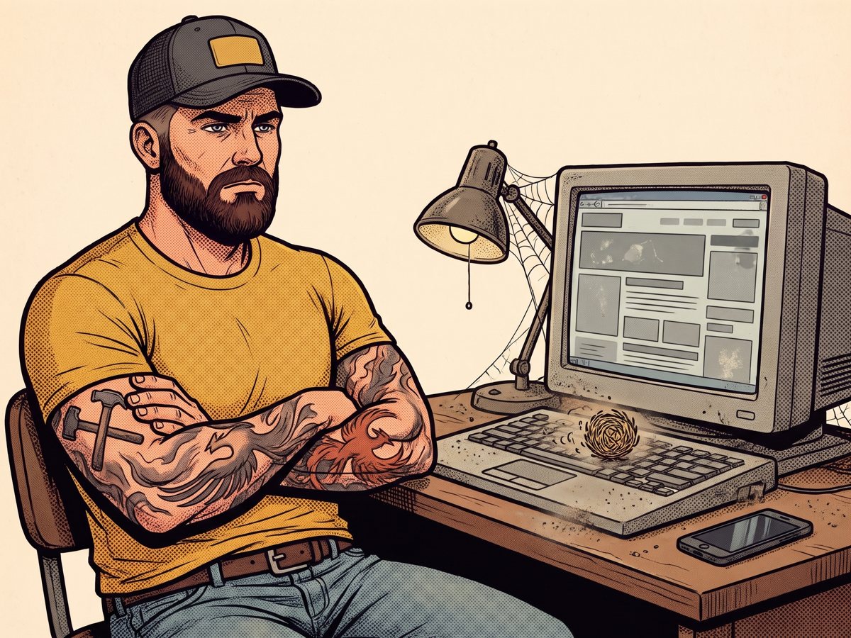 Mack staring at a dusty old website on his laptop with a cobweb and a silent phone
